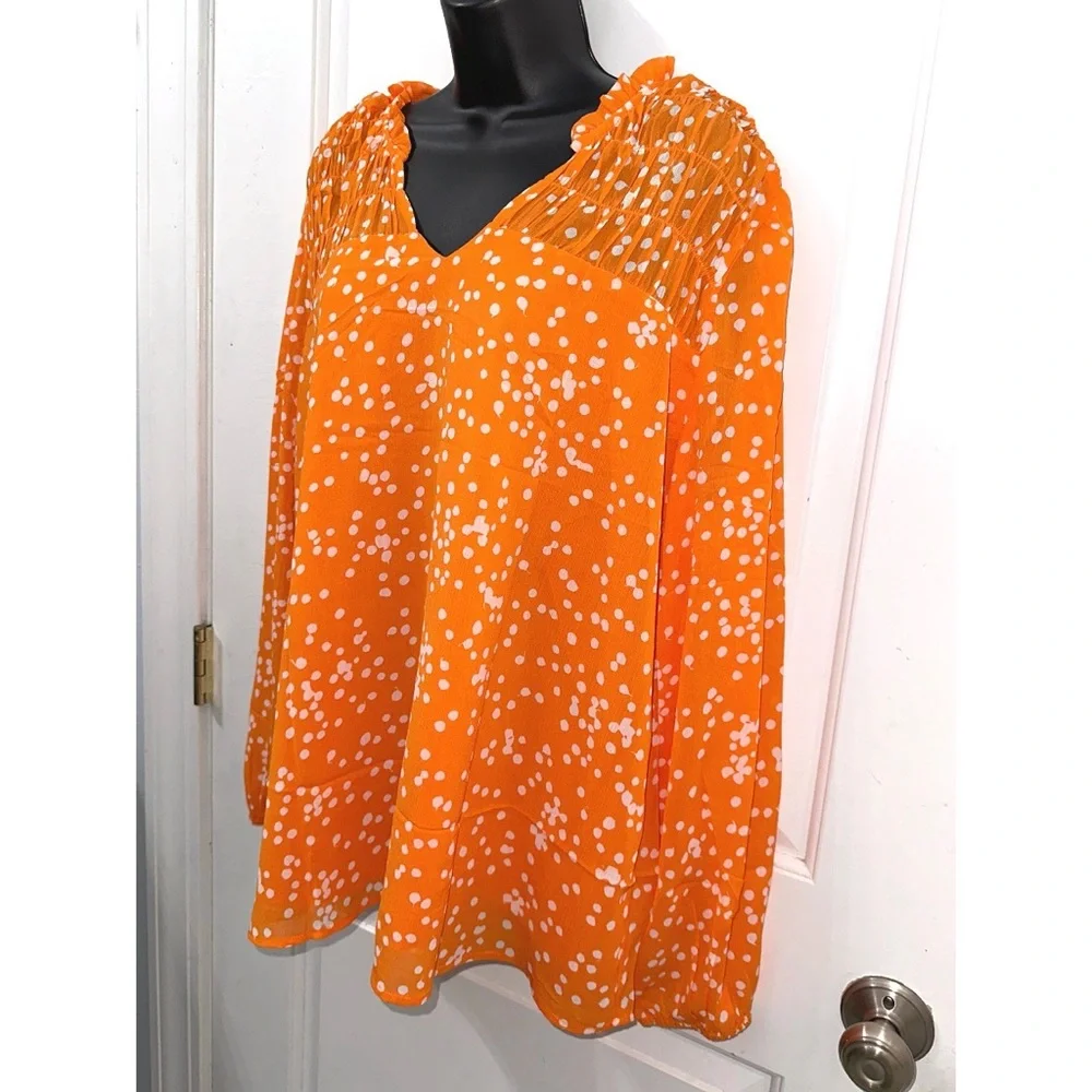Dokotoo Orange Pleated Long Sleeve V Neck Smocked Printed Chiffon Blouse - Picture 4 of 8